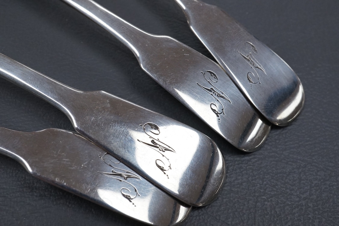 A set of four early 19th century Scottish provincial silver fiddle pattern teaspoons, by William Kermath, Dundee, circa 1830, 13.6cm, 74 grams.
